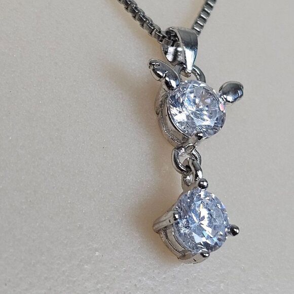 S 925 Sterling Silver Cubic Zirconia Drop Pendant‎ Box Chain Necklace Cat Mouse - Picture 4 of 15